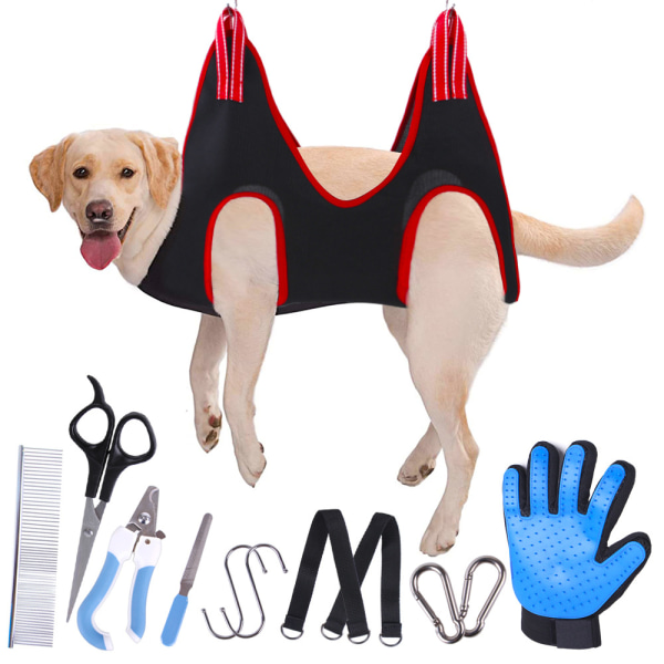 12PCS Pleje Hængekøje til Små Hunde og Katte, Hunde Pleje Sele, Kæledyr Pleje Hængekøje, Kæledyr Plejesæt med Negleklipper, Neglefil, Kæledyrskam.