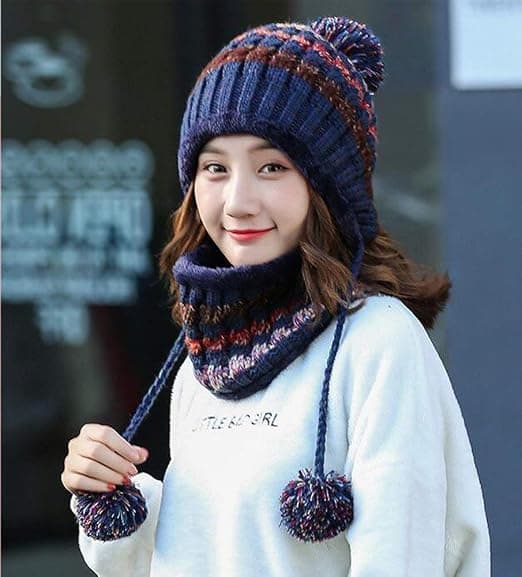 Fleece-fôret dame strikket lue skjerf sett jenter vinter ski lue (marineblå)