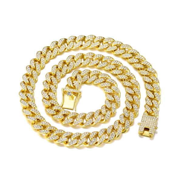 Mænds Miami cubanske halskæde - 18 karat guld sølv diamantskåret rustfrit stål 13 mm Icy Hip Hop smykker (guld)