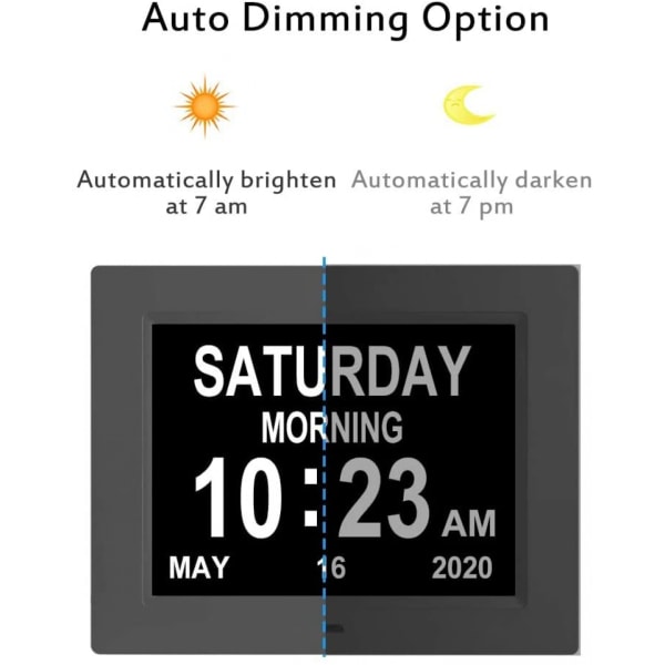 Äldre digital klocka 8-tums väckarklocka Alzheimers klocka med datum och tid hjälper minnesförlust Alzheimers och demensklocka (svart)