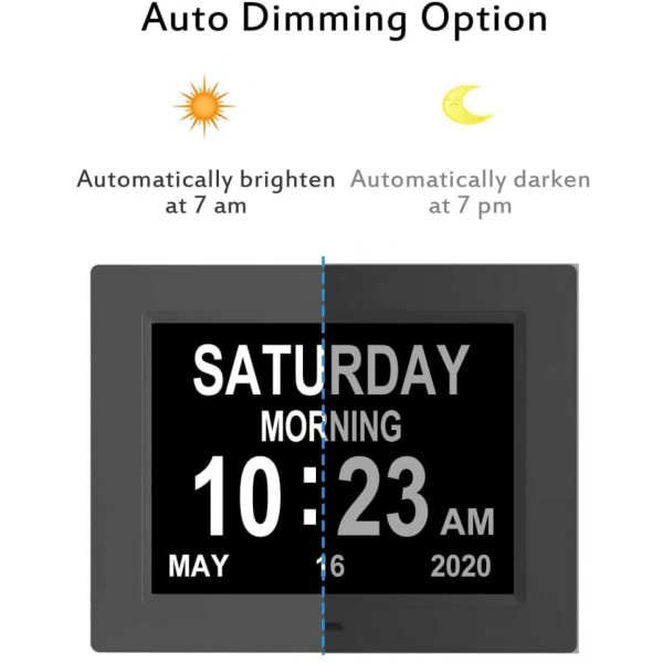 Ikäihmisten digitaalinen kello 8 tuuman herätyskello Alzheimerin kello päivämäärällä ja ajalla auttaa muistinmenetystä Alzheimerin ja dementian kello (musta)