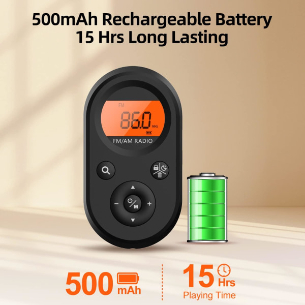 Personlig fickradio AM/FM bärbar, uppladdningsbar transistor Walkman-radio med bästa mottagning, lång batteritid, stereohörlurar, sömntimer,