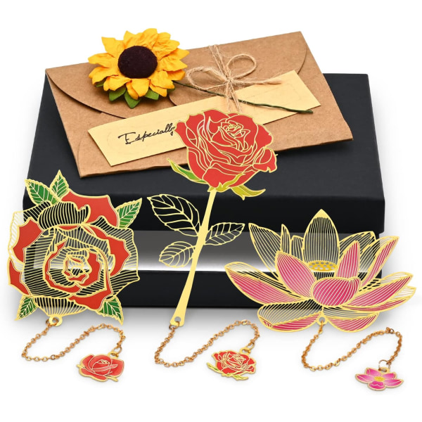 3 Pcs Flower Metal Bookmark with Pendant, Eucomir Classic Handmade Metal Bookmarks Vintage Bookmark with Box for Women Le