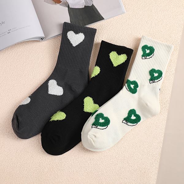 Damstrumpor i midcalf-längd, 3 par, enfärgade med hjärtmönster