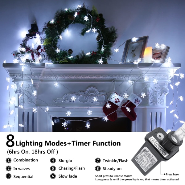 Snøfnugg julelys, 100cm 100 LED julelys, lavspenning 8 moduser, snøfnugg fe-lyskjede vanntett (klar hvit)