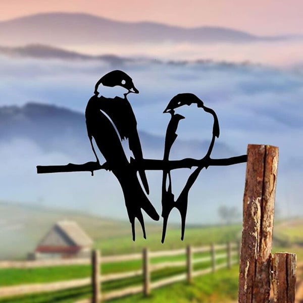 Silhouette Doiseau, 2 fugle på metalgren, kunst have dekoration, sort