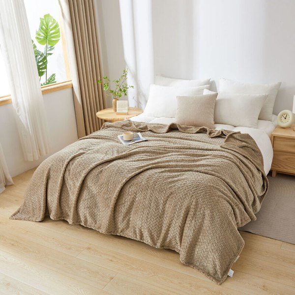Rygglös khaki - kvalitetsflanellfilt, lätt sängöverkast med lövmönster, användning under alla årstider (khaki, 100x150 cm)