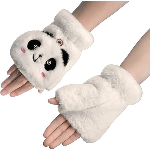 Kvinners Vinter Fingerless Votter Jenter Plysj Panda Hansker Pels Varme Halv Finger Konvertible Hansker Hånd Slitasje
