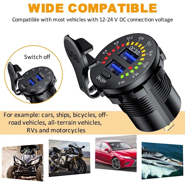QC3.0 Motorsykkel Bil USB-lader, 12/24V Vanntett Dobbel USB-laderkontakt, med Bryter og Farge Voltmeter for Motorsykler, Biler, Båter, ATV-er, Buss