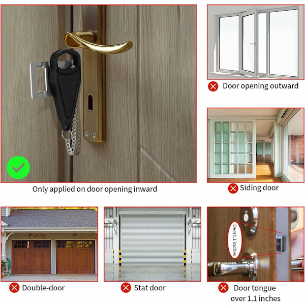 2-pak bærbar dørstopper for hotell, hjem, soverom, leilighet, rød og svart