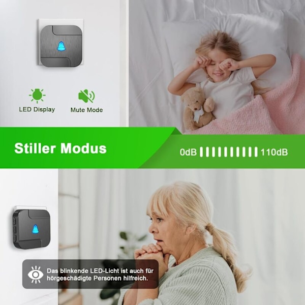 Musta langaton istuttava ovikello 300 metrin kantamalla ulkokäyttöön, ulkoinen lähetin ja sisävastaanotin, 55 soittoääntä, 5 valittavissa olevaa