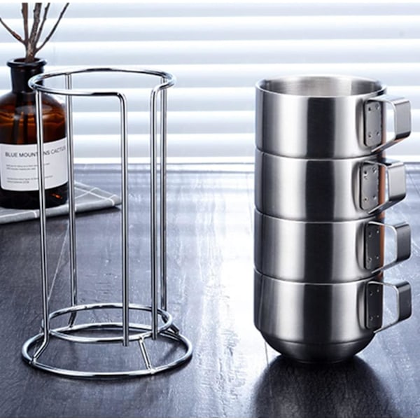 Rostfritt stål kaffekoppar set om 4 muggar, stapelbara dubbla värmeisolering metall kaffekoppar med ställ rack, (6,8 oz/200 ml) perfekt för kalla drycker o