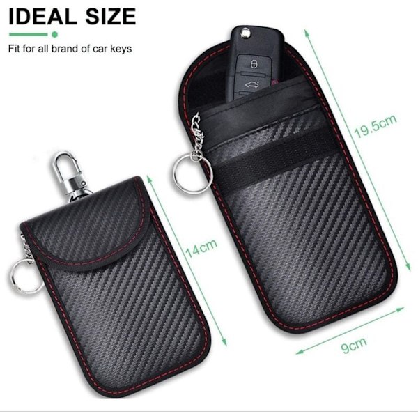 (9x14cm) Etui Anti Rfid signal Faraday taske, sæt med 2 lommer signalblokering til kulfiber carbon nøgle, med 2 nøgleringe i sort metal