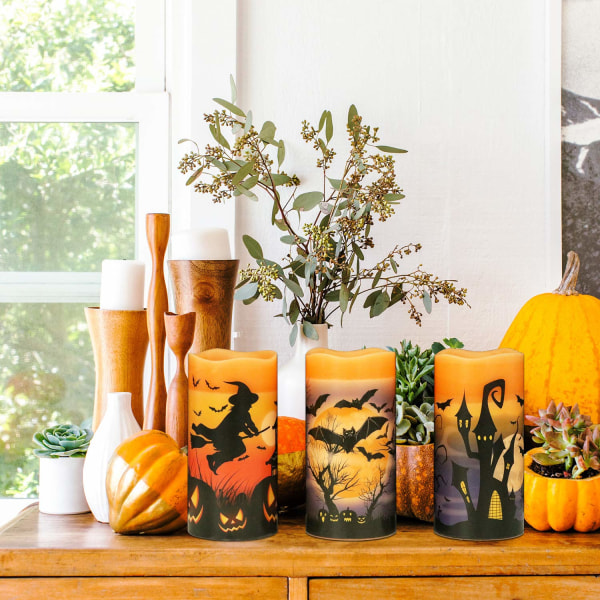 Halloween Flamlösa Flimrande LED-Ljus med 6 Timmars Timer, Batteridrivna Vaxljus Assorterade Dekaler Häxa, Fladdermus, Slott 3-Delars Set för Dekora