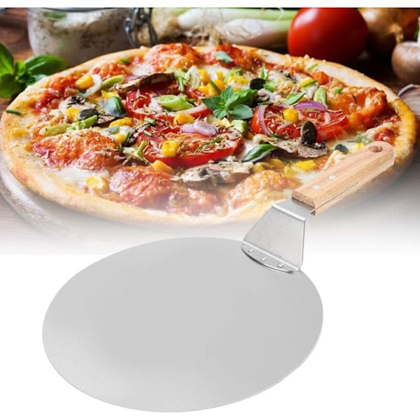 Pizzaspade, 10-tommers rustfritt stål, 10-tommers metall pizzaspade, pizzaspade med trehåndtak for matlaging av pizza og hjemmelaget brød