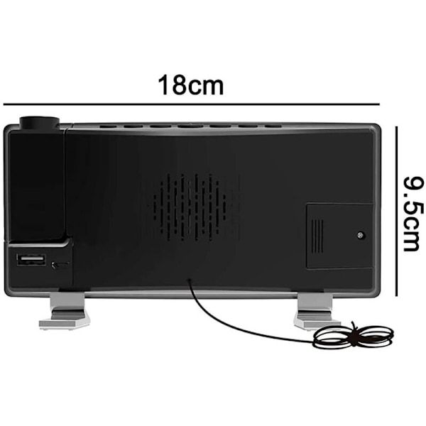 1-delad digital väckarklocka, rumsprojektionsväckarklocka med 4 ljusstyrkenivåer, USB-telefonladdare, 180° roterbar projektor