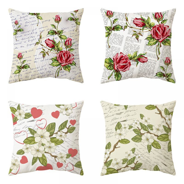 Sett med 4 blomstrete putetrekk 45 x 45 cm, svarte firkanter, 18 x 18 cm, sett med 4 for utendørs bruk, terrasse, hage, stue, sofa, gårdsdekorasjon