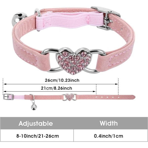 (Pink) Kattehalskæde i hjerteform med klokke, justerbare killingehalskæder med sikkerhedssele halskæde til kæledyr i rhinsten til lille kat hund