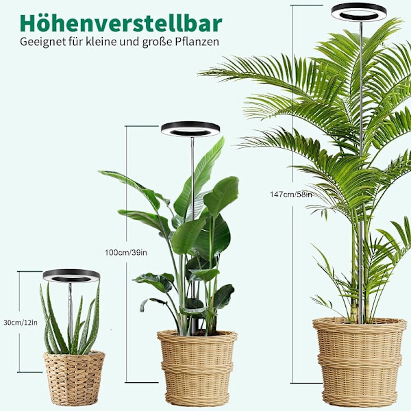 Fullspektrum LED Växtlampa för Inomhusväxter, 147cm, Justerbar Höjd med 70 LEDs, 3/9/12 Timmar Timer
