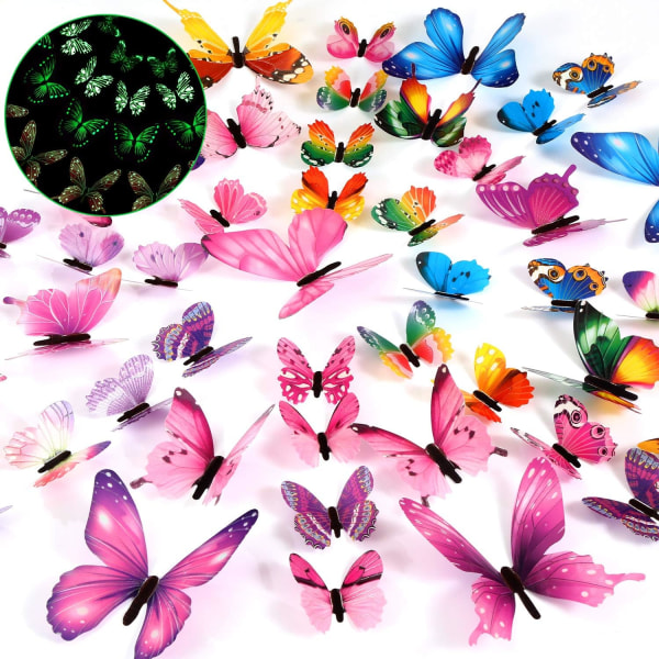 48 stykker selvlysende 3D nattglød mørk sommerfugl veggdekor