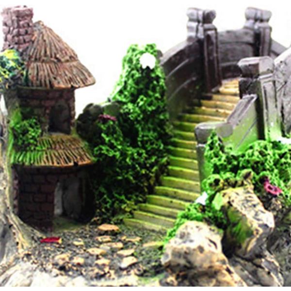 1 st Aquarium Magic Resin Dekoration Färgglad Bro Paviljong Träd Rockery för Fisk Tank