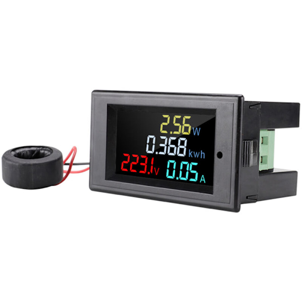 Digitalt voltmeter AC 80-300 V, ampèremeter, LCD farveskærm, multimeter, spænding, strøm, effekt, frekvensmonitor, med strømtransformator CT 100