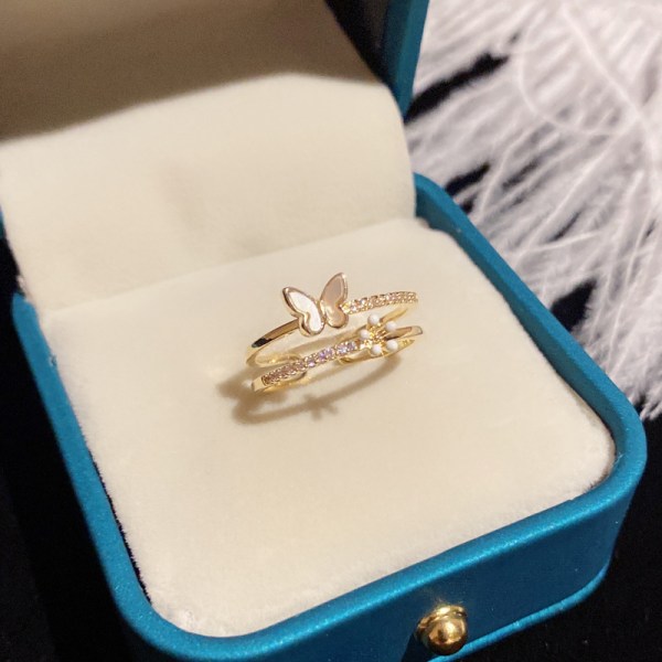 Dobbelt lag diamant sommerfugl ring til kvinder justerbar ring