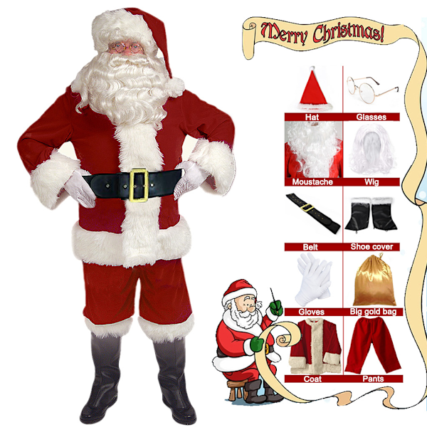 Herr Deluxe Jultomte Kostym 10 Delar Jul Vuxen Jultomte Kostym, L