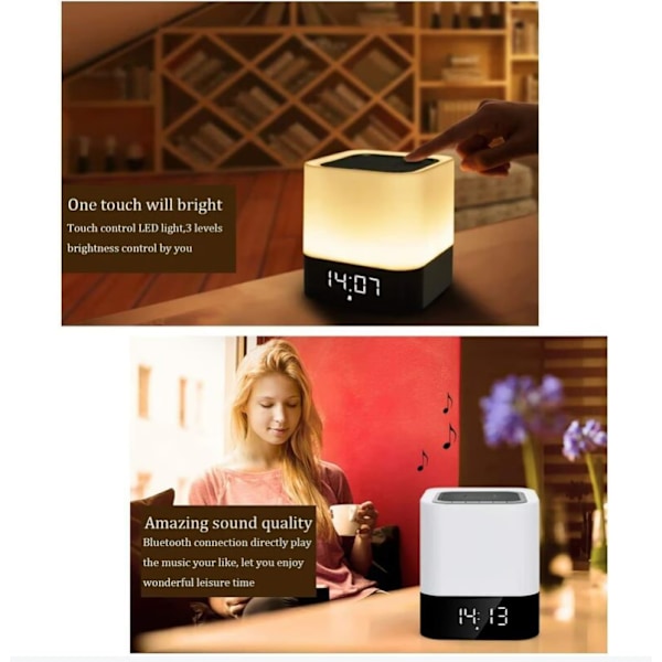Bärbar Bluetooth-högtalare LED-sänglampa med touch-kontroll, bordslampa med färgväxlande nattlampa med väckarklocka för sovrummet