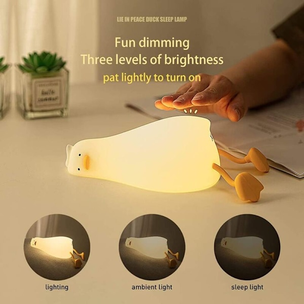 Härlig Liggande Platt Anka Nattlampa LED Squishy Anklampa Söt Lysande Anka Silikon Dimbar Nattlampa Atmosfärslampa