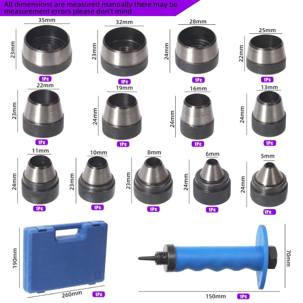 14 stykker 14-i-1 avstandsstykke hulstansesett, stansesett for hullstanseverktøy i skinn Avstandsstansesett Spacer-kutter-stanseverktøysett