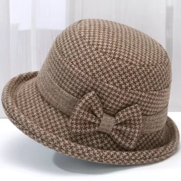 Kvindernes efterår og vinter tweed spand hat houndstooth print bue cloche hat egnet til damer kirke fest sammenklappelig one size fits all