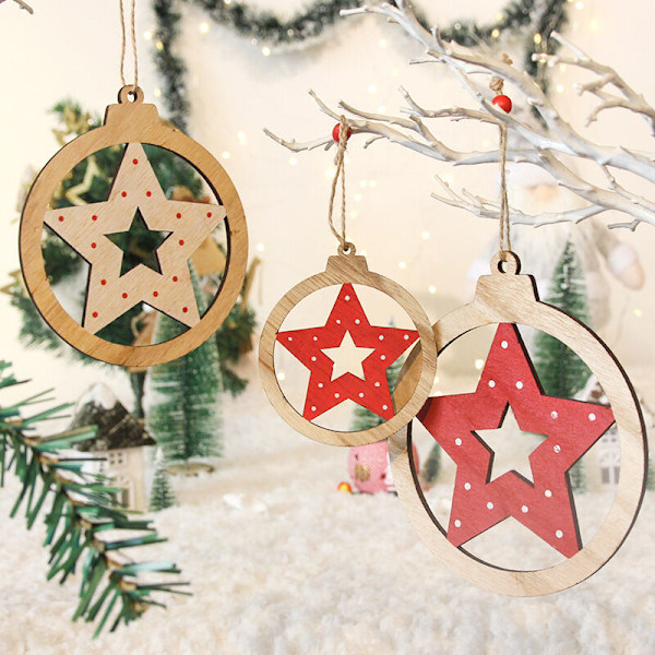 3 stk. Stjerneanheng i juleflis av tre, juletrepynt i tre, treornamenter, julepynt i tre