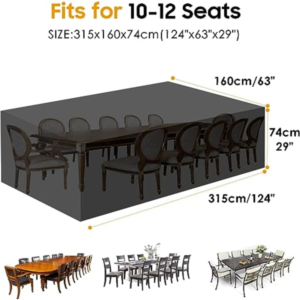Möbelöverdrag 315x160x74cm, Trädgårdsmöbelöverdrag för 10-12 Sitsar Vattentät, Möbelskydd Överdrag Trädgårdsskydd för Bord, Soffa, Recliner,