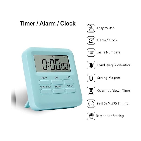 Digital timer med klocka/väckarklocka, digital kökstimer med magnetisk baksida, kökstimer kronometer räkna tidshantering tid för köksstudier