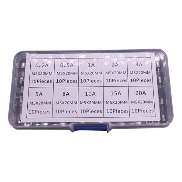 100 stk. Smeltesikring af glas, 5 x 20 mm 250V Sortiment af glassikringer 0,2A, 0,5A, 1A, 2A, 3A, 5A, 8A, 10A, 15A, 20A, Verre Verre Verre Frove til husholdningsbrug