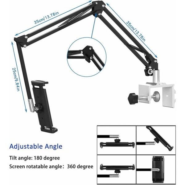 Tabletholder for seng, justerbar og sammenleggbar med 360 graders rotasjon for iPhone, iPad, mobiltelefon, nettbrett, Kindle Fire eller andre enheter 4,7-32,8