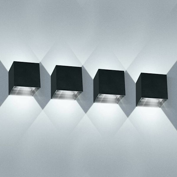 Parti med 4 vägglampor inomhus LED 12 W Vattentät IP65 Modern vinkelstråle kallvita vägglampor 6000 k för sovrum (svart)