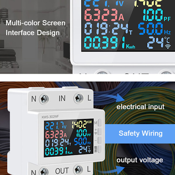 Tuya WiFi 8 i 1 effektmätare Färgskärm 2p Multifunktionell energimätare mobiltelefon fjärrkontroll App 170-270v/63a spänning och ström