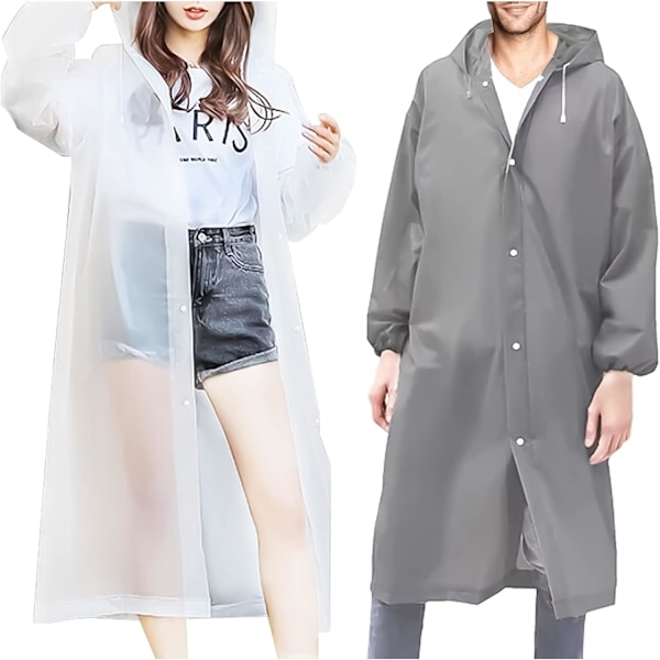 2-delad regnponcho återanvändbar vattentät poncho lätta regnrockar med huva regnrock för kvinnor män vandring camping resor (transparent grå)