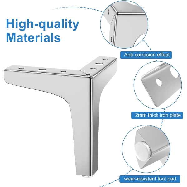 Set om 4 metalliska triangulära bordsben - silver 10 cm, belastningskapacitet upp till 800 kg, moderna metalliska triangulära bordsben för skåp, soffor, möbelstift