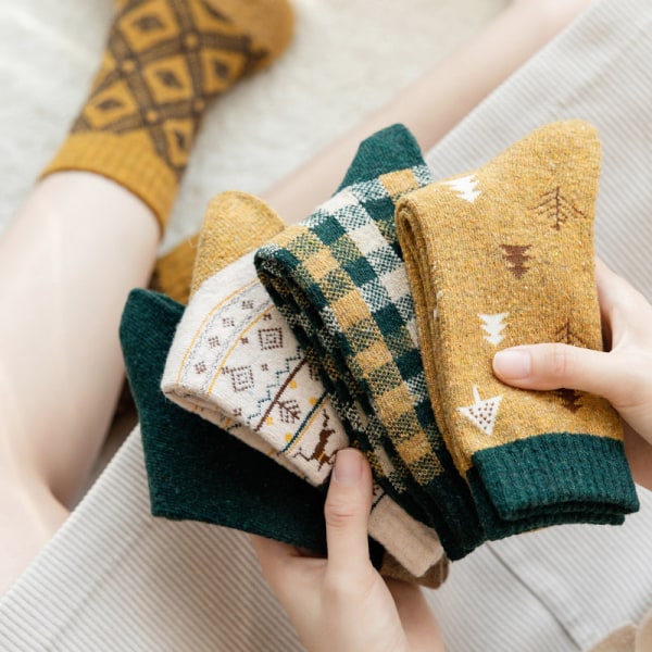 Vinter varme retro koreanske sokker casual søde fortykkede runde sokker ternet lang stil