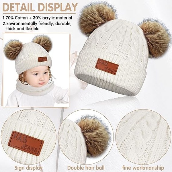 Barnas vintervarme lue, skjerf og hansker sett hvitt termisk strikket heklet tykt fluffy småbarnsskjerf dobbel dusk pom pom lue med fuskepels for jenter