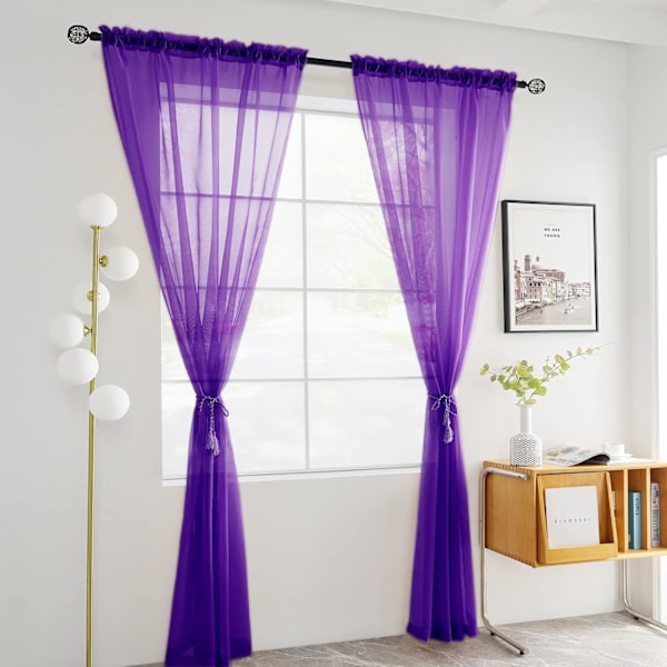 Ensfarvede, transparente gardiner - 140x229 cm stanglomme paneler (sæt med 2) - Hvid/Beige/Sort/Grå/Kaffe/Lilla til soveværelse og køkken
