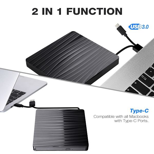 Ulkoinen USB 3.0/Type C CD/DVD-asema, musta