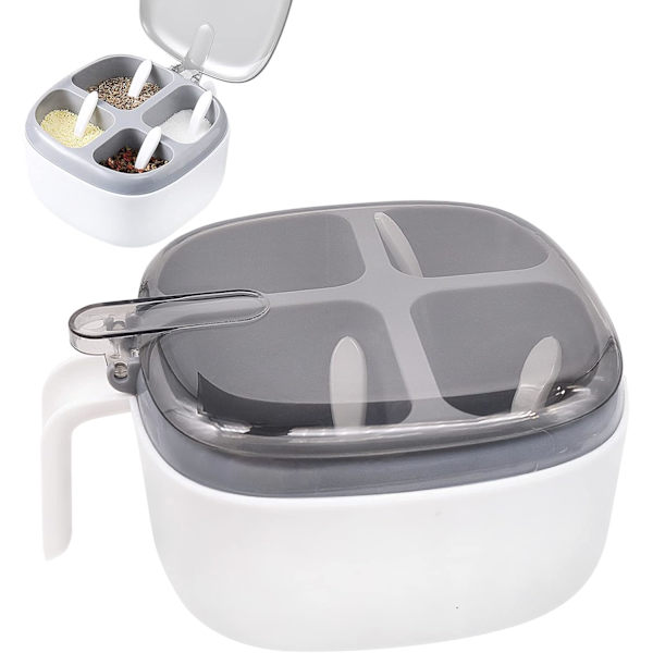 Transparent kryddbox, kökskryddförvaringsbox, 4-fack kryddburk, kryddflaska med lock och sked