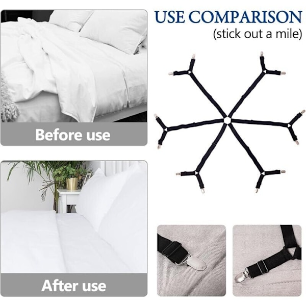 Lakanhållare - Elastiska band justerbara för lakan för dubbelsäng, queen size, king size, enkelsäng, 6-vägs korsklämmor, remsa av band, runda madrasser a