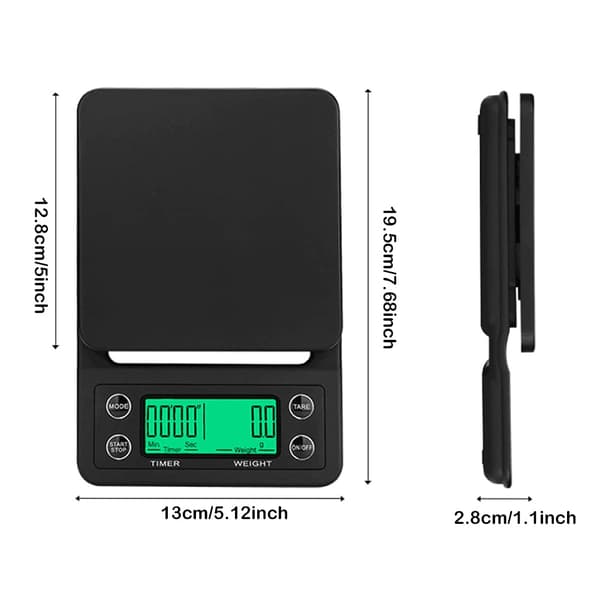 Kaffevekt Multifunksjonell Digital Kjøkkenmatvekt med Timer 3kg/0.1g for Kaffe Brygging, Baking og Matlaging