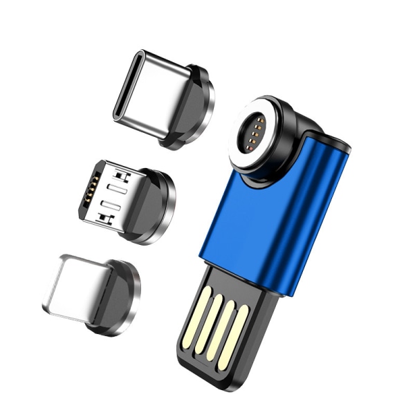 Blå Mini Bärbar USB 3A Magnetisk Adapter 540 Grader Snabbladdning Android Huvud/Typ c/Apple Huvud