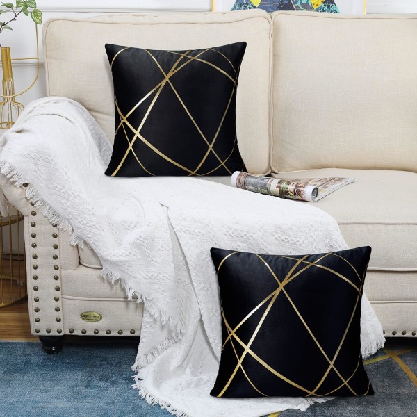 Sæt med 2 sorte sofaer (uden pude) Fløjls pudebetræk 45 x 45 cm Puder Dekorative pudebetræk Guldlinjer Geometriske puder Stue